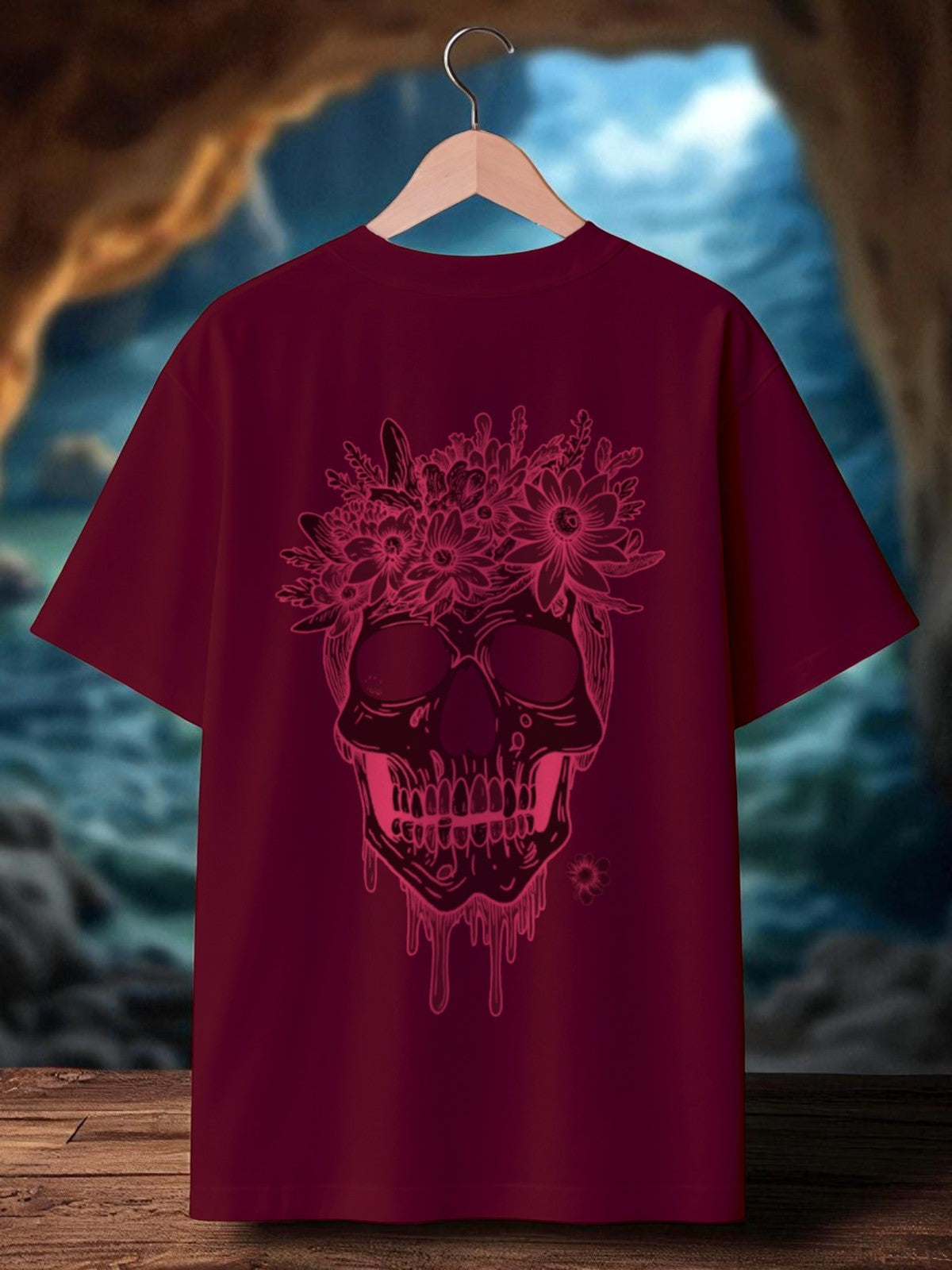 Skull bloom: Boxy Fit Graphic Tee Maroon