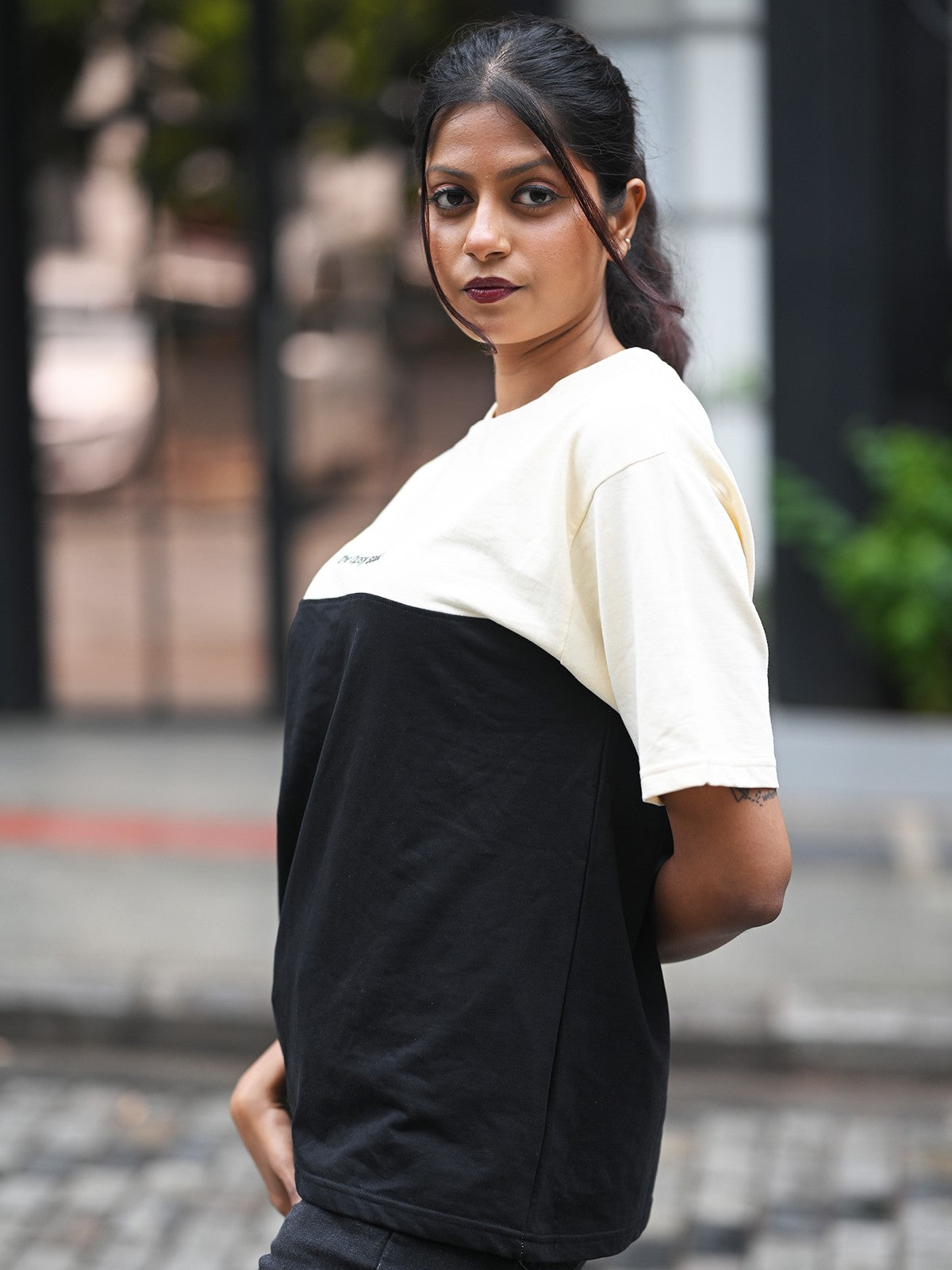 Premium Oversized Tee: Black & Beige